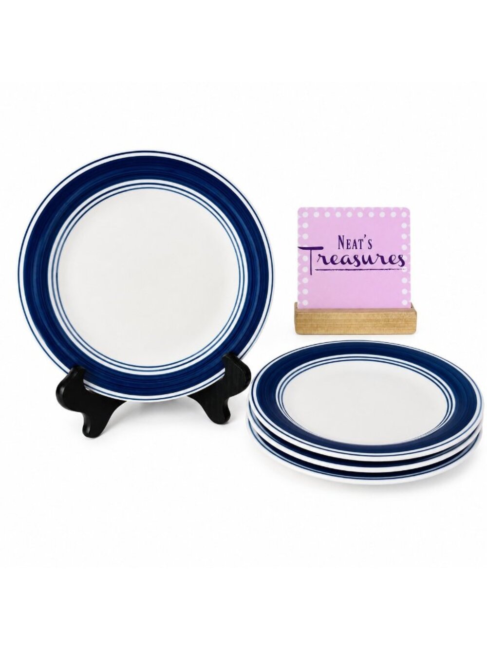 Mainstays CASUAL BANDED ROYAL BLUE Rings Stoneware White Salad Plates Set of 4
